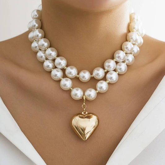 LUSTROUS PEARL BEADED LAYERED HEART NECKLACE | 40NK9456 - Soleil et étoiles