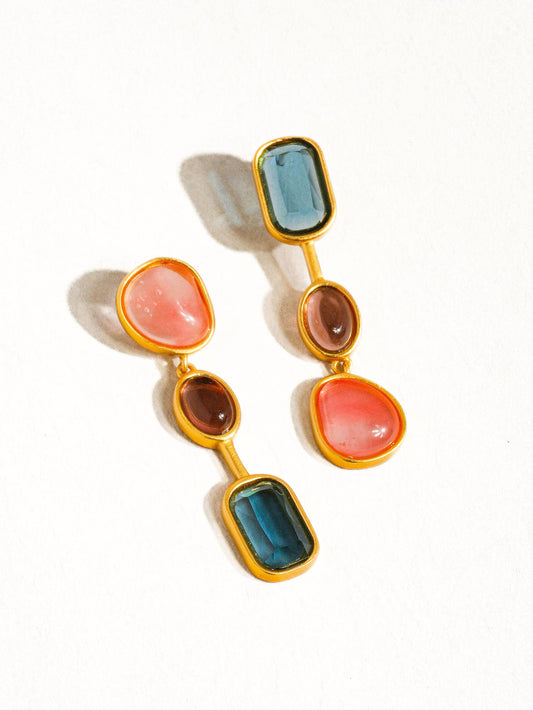18K Gold Vintage Mismatched Earrings – Watermelon Tourmaline & Glass