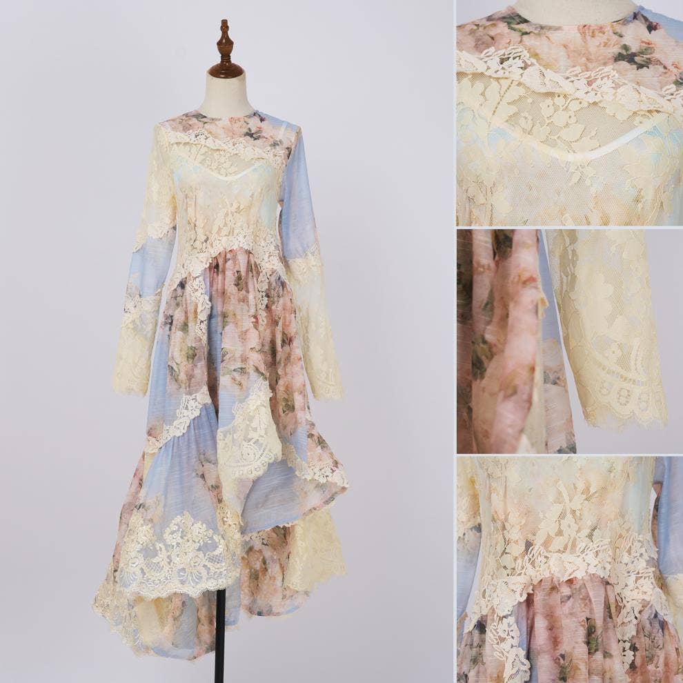 Floral Printed Long Lace Patchwork Dress - Soleil et étoiles
