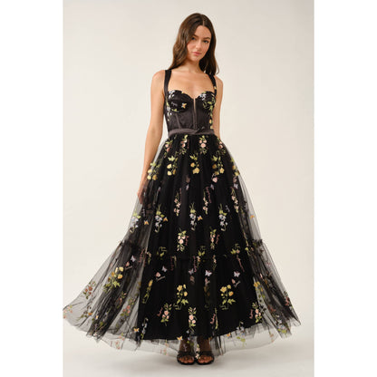 Floral Embroidered Tulle Corset Tiered Maxi Dress
