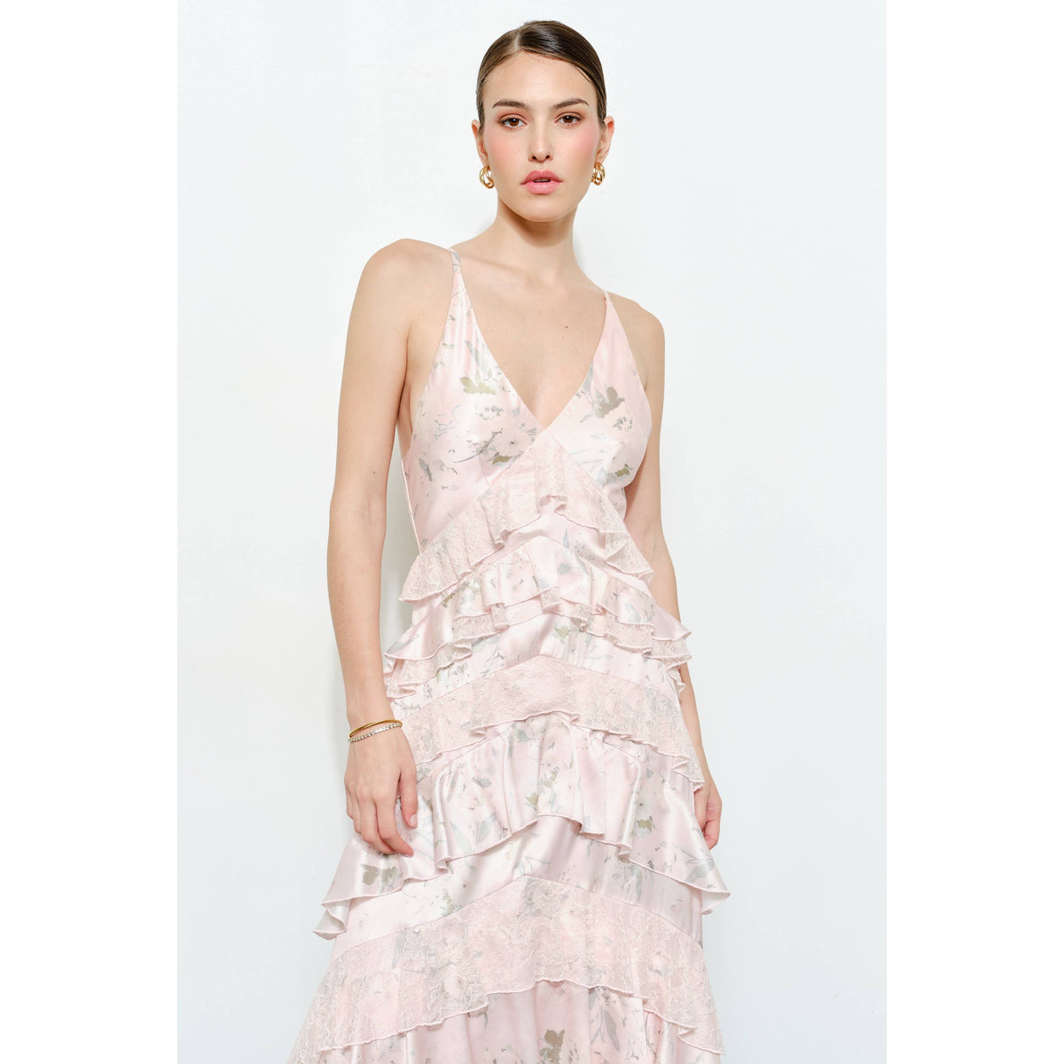 Romantic Floral Silk Lace Trim Tiered Maxi Dress
