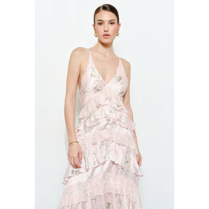 Romantic Floral Silk Lace Trim Tiered Maxi Dress