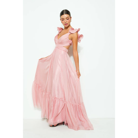 Chiffon Ruffle Shoulder V Neck Maxi Dress - Soleil et étoiles