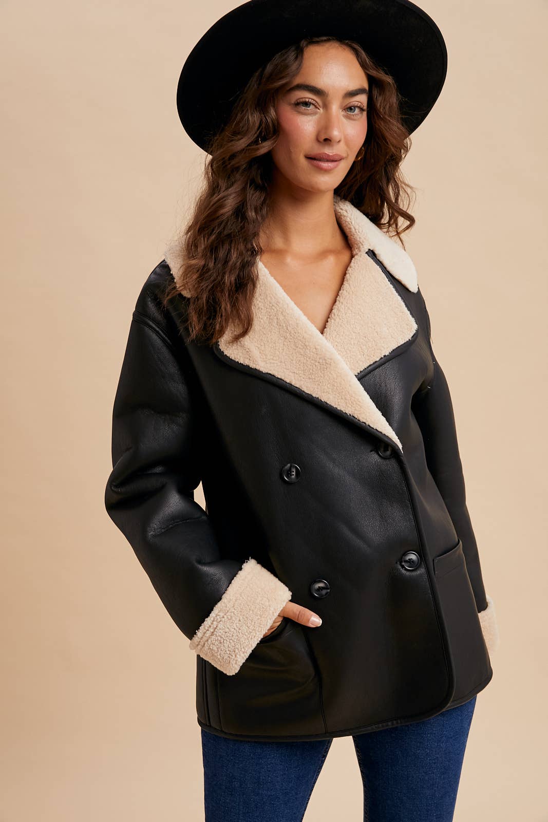 VEGAN FAUX LEATHER SHEARLING COAT