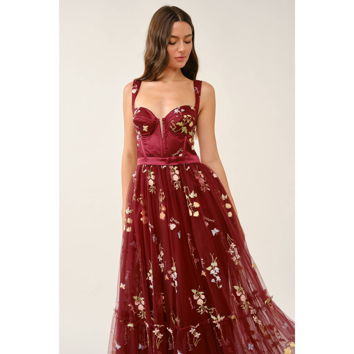 Floral Embroidered Tulle Corset Tiered Maxi Dress