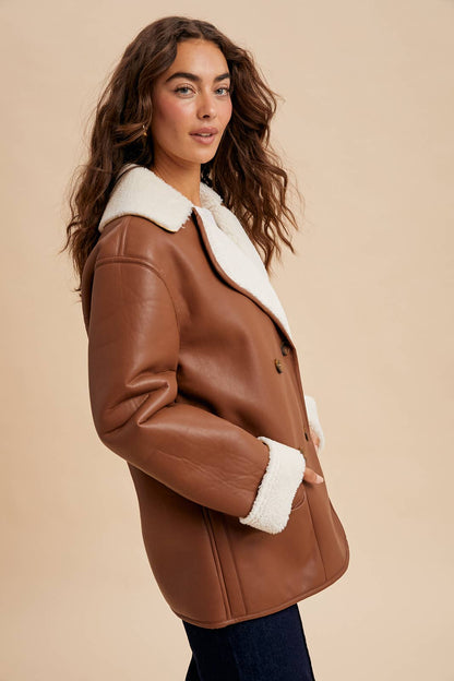 VEGAN FAUX LEATHER SHEARLING COAT