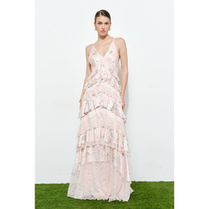 Romantic Floral Silk Lace Trim Tiered Maxi Dress