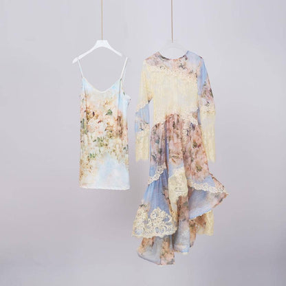 Floral Printed Long Lace Patchwork Dress - Soleil et étoiles