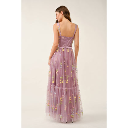 Floral Embroidered Tulle Corset Tiered Maxi Dress