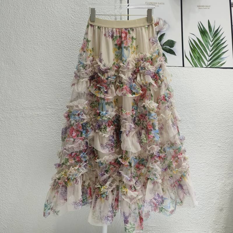 Colorful Floral Mesh Skirt with Irregular Stitching - Soleil et étoiles