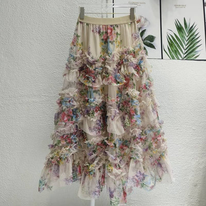 Colorful Floral Mesh Skirt with Irregular Stitching - Soleil et étoiles