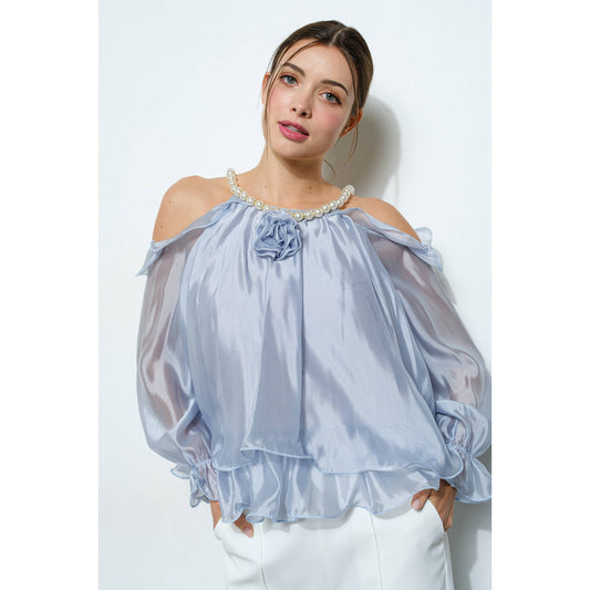 Off-Shoulder Pearl Accent Organza Ruffle Blouse