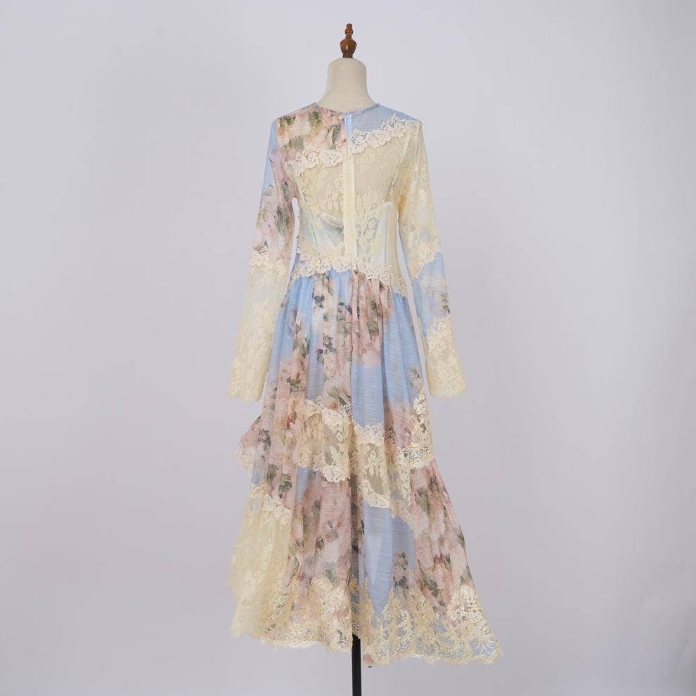Floral Printed Long Lace Patchwork Dress - Soleil et étoiles