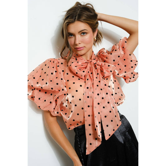 Dots Print Short Puff Sleeve Blouse Top - Soleil et étoiles