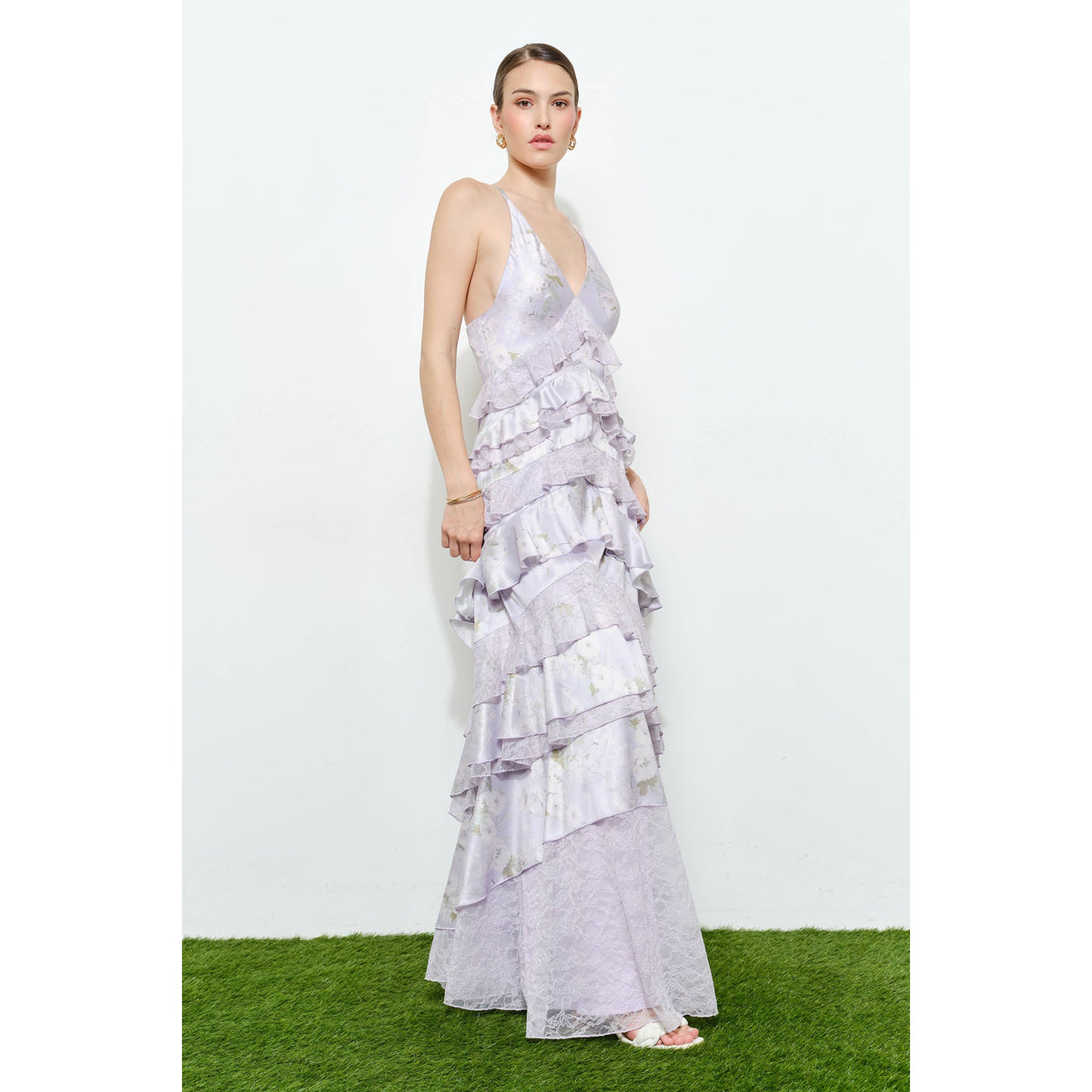Romantic Floral Silk Lace Trim Tiered Maxi Dress