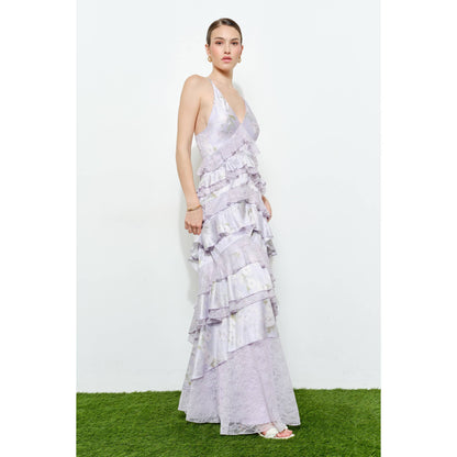 Romantic Floral Silk Lace Trim Tiered Maxi Dress