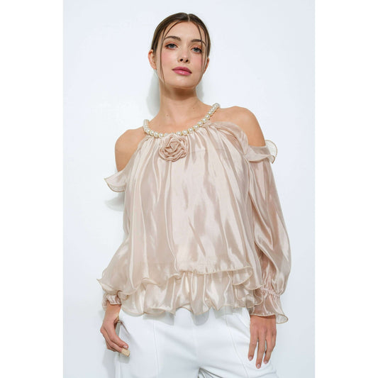 Off-Shoulder Pearl Accent Organza Ruffle Blouse - Soleil et étoiles
