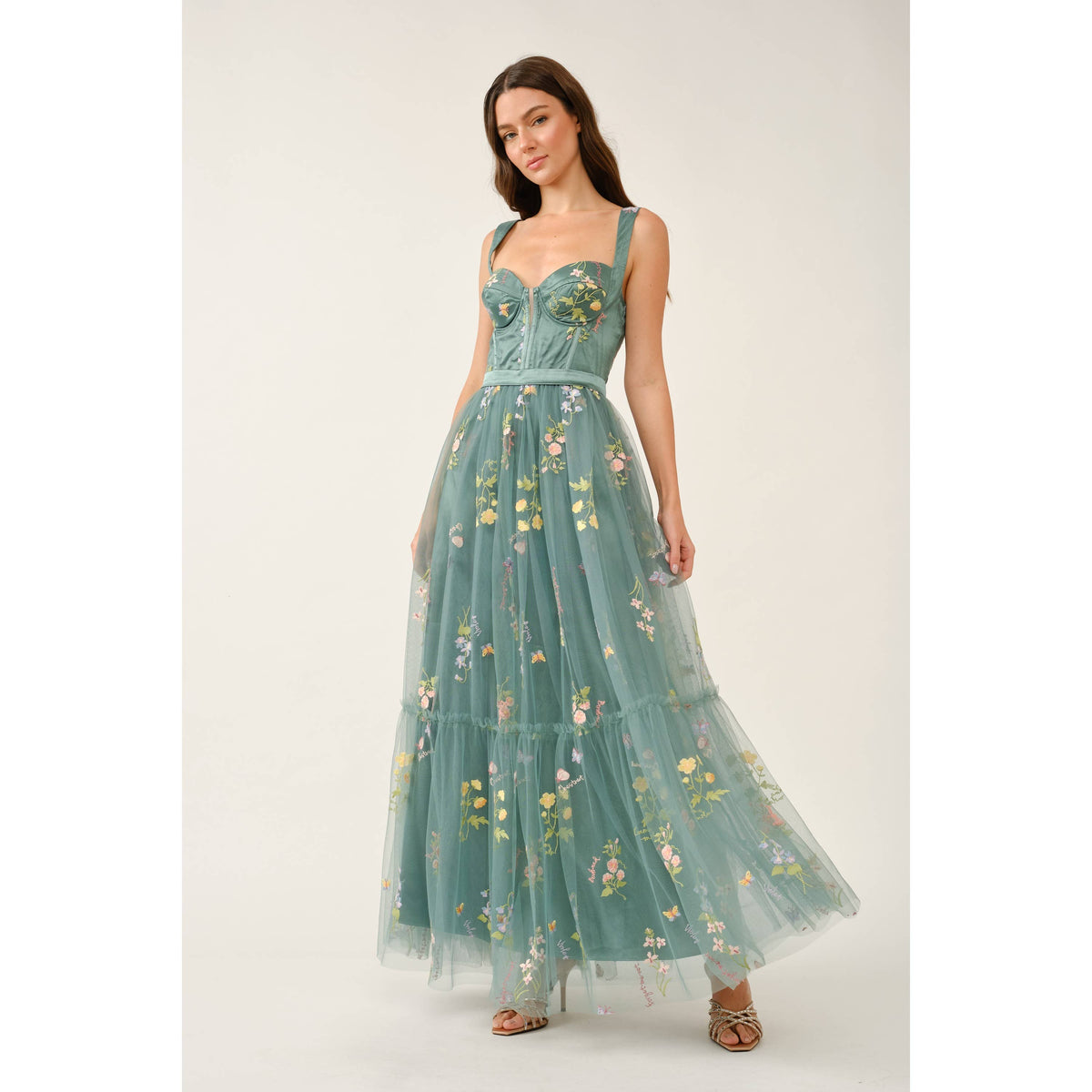 Floral Embroidered Tulle Corset Tiered Maxi Dress