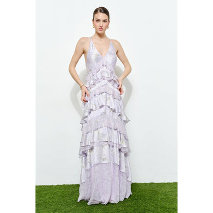 Romantic Floral Silk Lace Trim Tiered Maxi Dress