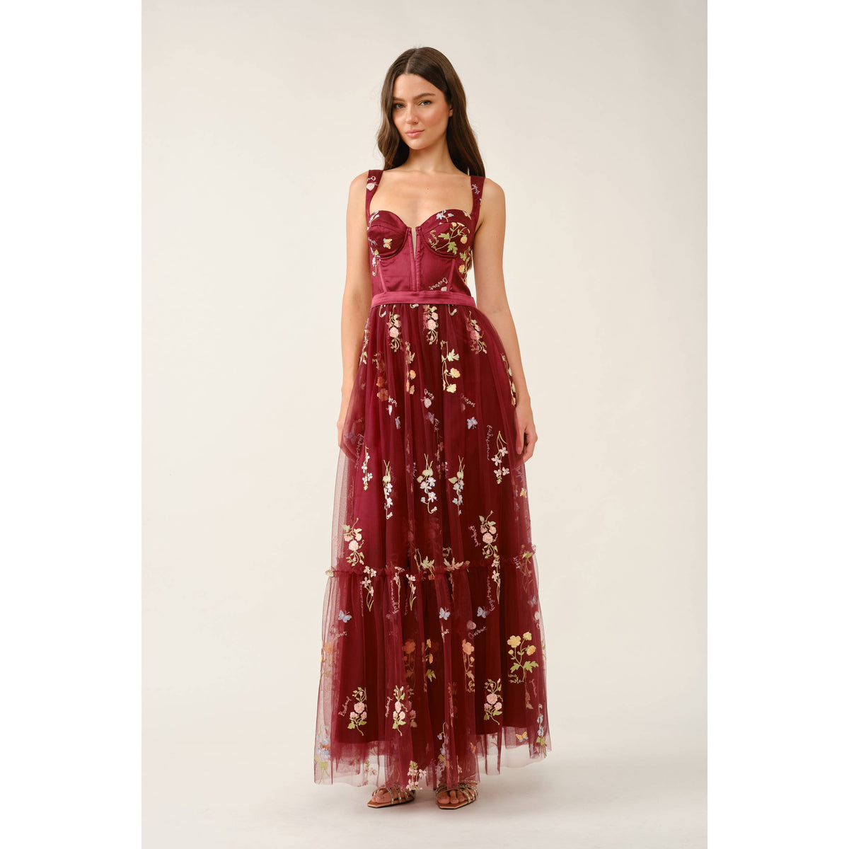 Floral Embroidered Tulle Corset Tiered Maxi Dress