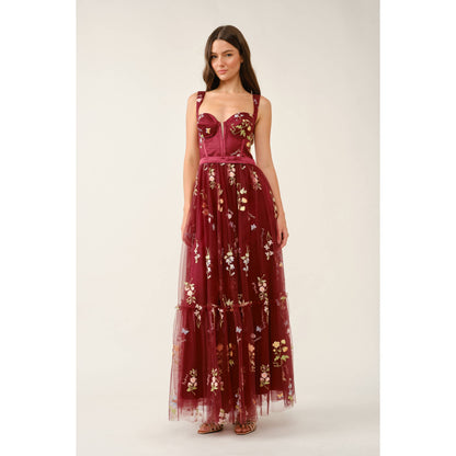 Floral Embroidered Tulle Corset Tiered Maxi Dress