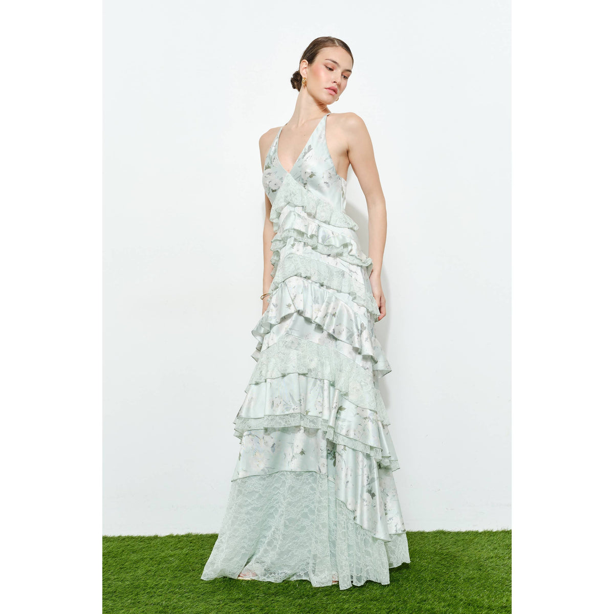Romantic Floral Silk Lace Trim Tiered Maxi Dress