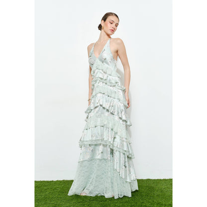 Romantic Floral Silk Lace Trim Tiered Maxi Dress