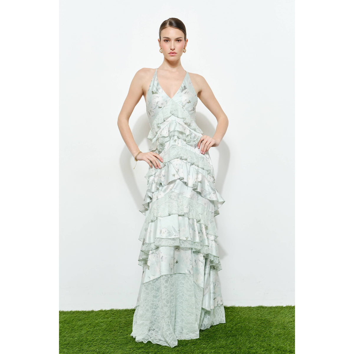 Romantic Floral Silk Lace Trim Tiered Maxi Dress