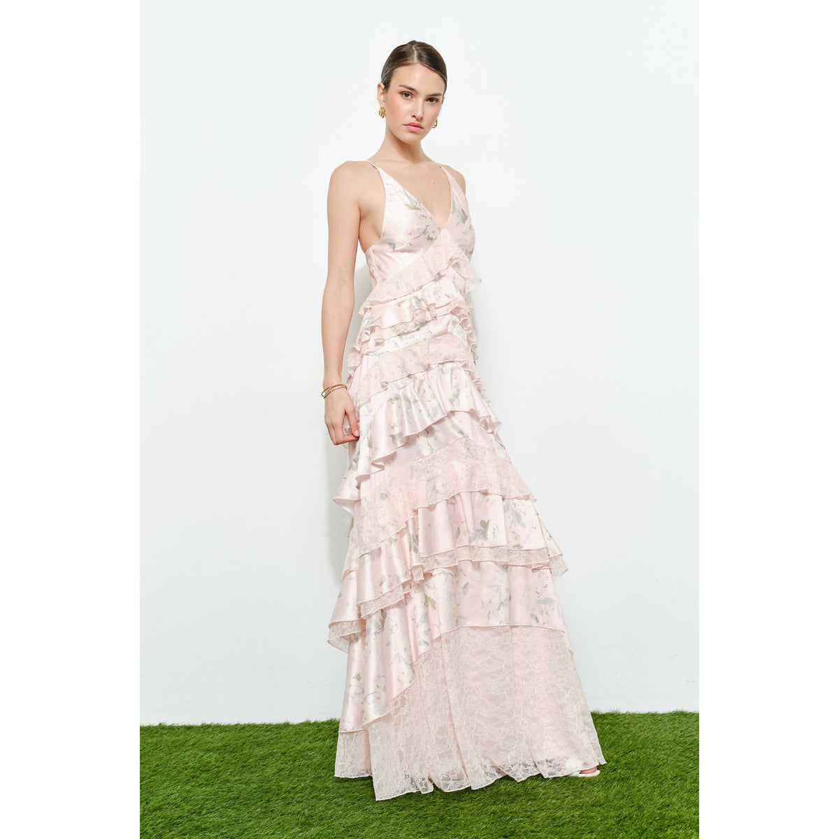 Romantic Floral Silk Lace Trim Tiered Maxi Dress