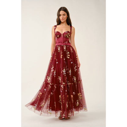 Floral Embroidered Tulle Corset Tiered Maxi Dress