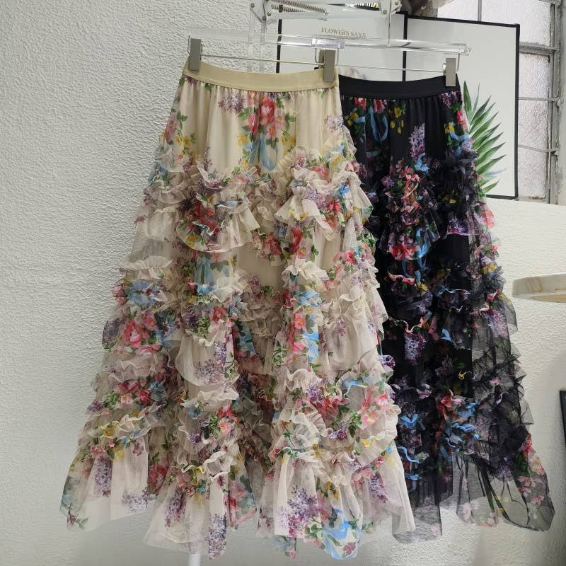 Colorful Floral Mesh Skirt with Irregular Stitching - Soleil et étoiles