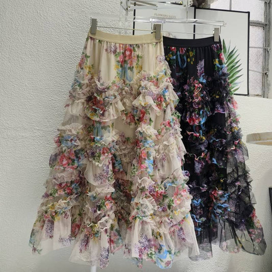 Colorful Floral Mesh Skirt with Irregular Stitching: Black - Soleil et étoiles