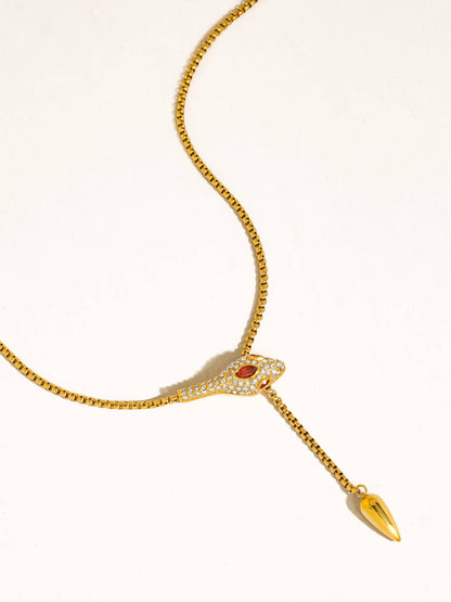 Nash 18K Gold Non-Tarnish Red CZ Snake Lariat Necklace