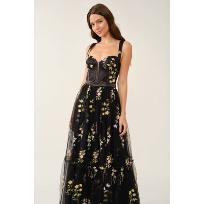 Floral Embroidered Tulle Corset Tiered Maxi Dress