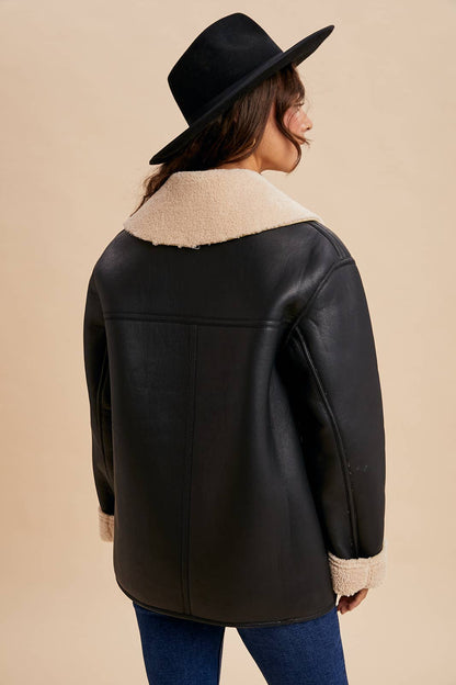 VEGAN FAUX LEATHER SHEARLING COAT