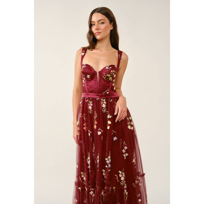 Floral Embroidered Tulle Corset Tiered Maxi Dress