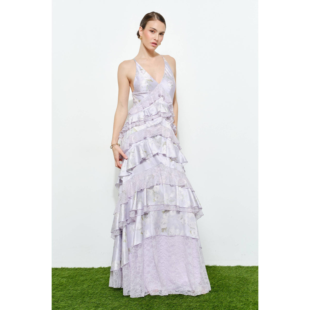 Romantic Floral Silk Lace Trim Tiered Maxi Dress