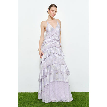 Romantic Floral Silk Lace Trim Tiered Maxi Dress