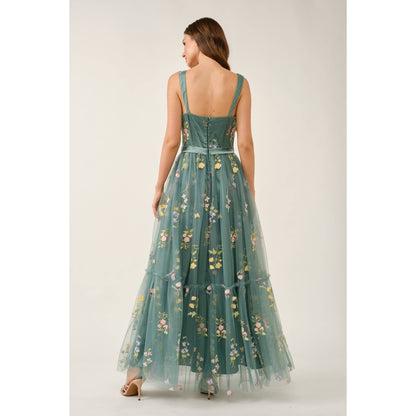 Floral Embroidered Tulle Corset Tiered Maxi Dress
