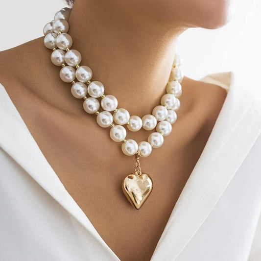 LUSTROUS PEARL BEADED LAYERED HEART NECKLACE | 40NK9456 - Soleil et étoiles