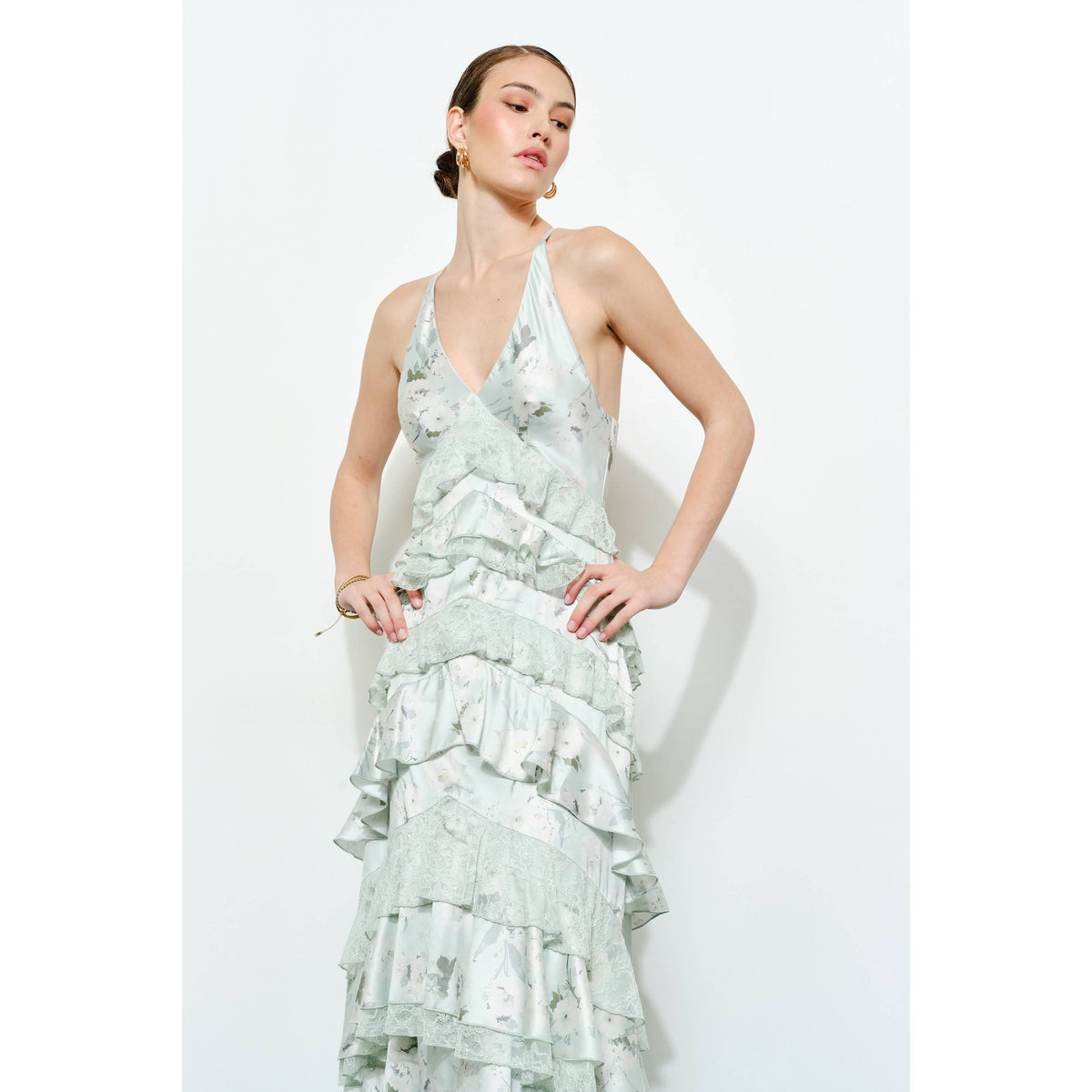 Romantic Floral Silk Lace Trim Tiered Maxi Dress