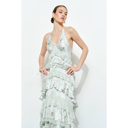 Romantic Floral Silk Lace Trim Tiered Maxi Dress