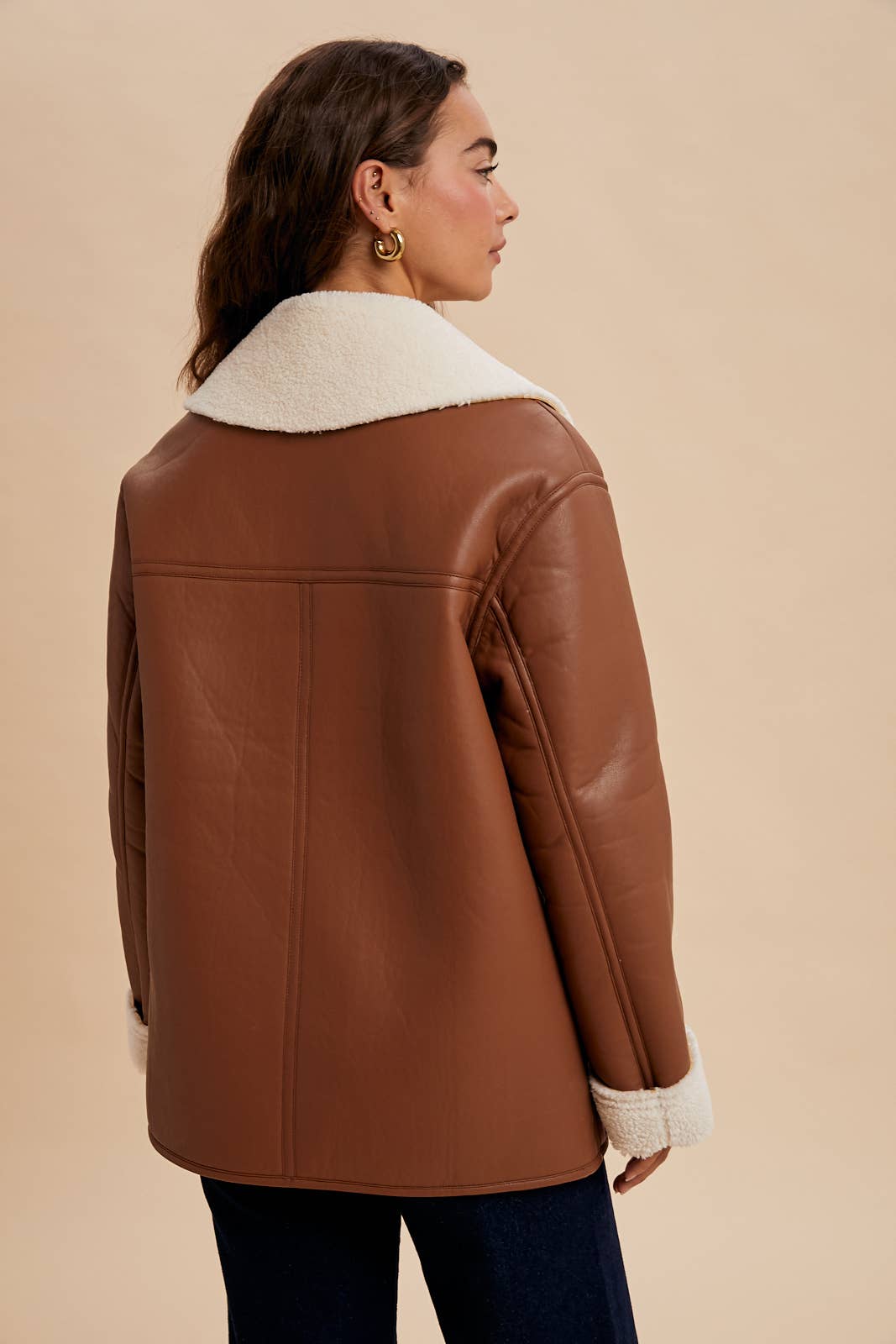 VEGAN FAUX LEATHER SHEARLING COAT