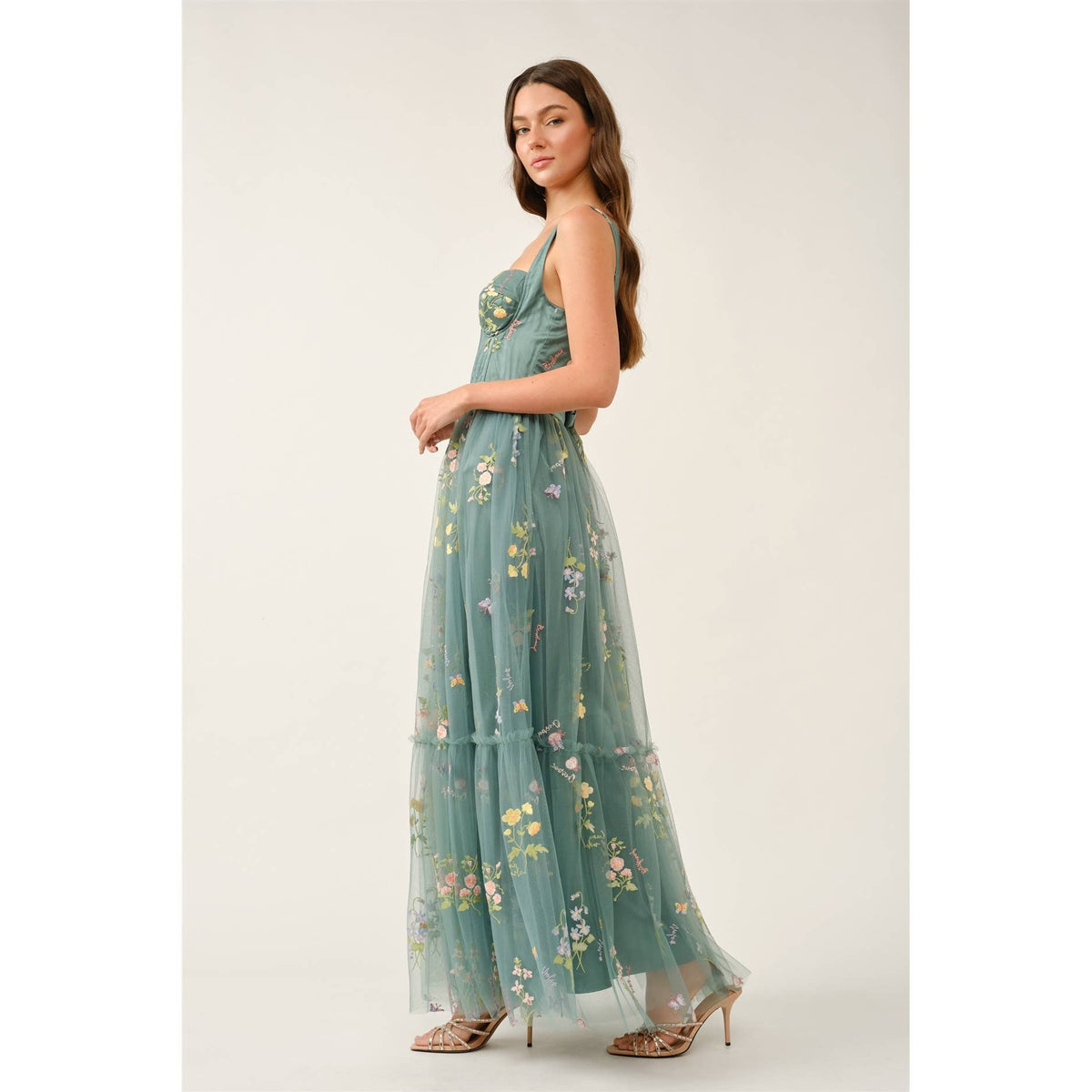 Floral Embroidered Tulle Corset Tiered Maxi Dress