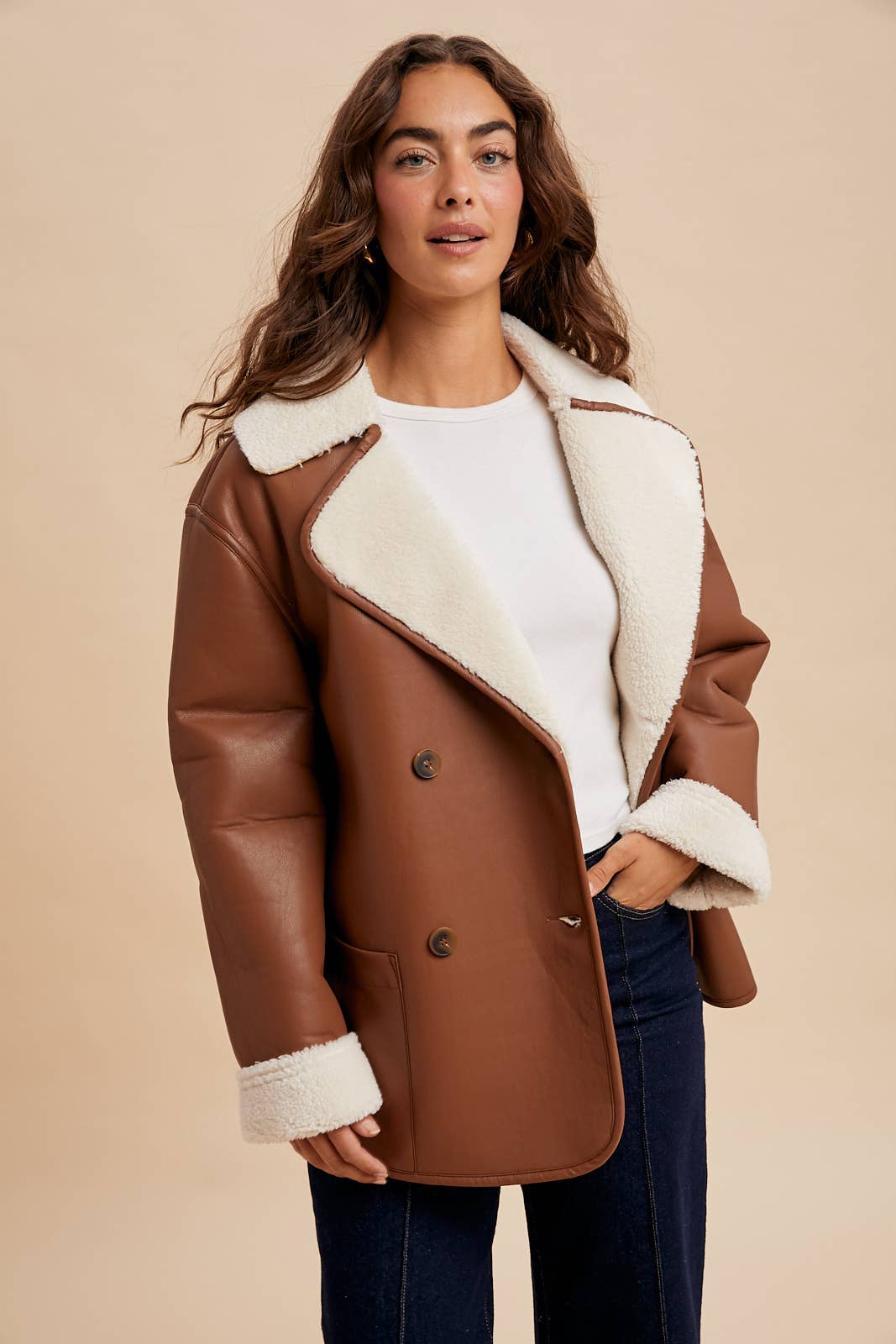 VEGAN FAUX LEATHER SHEARLING COAT