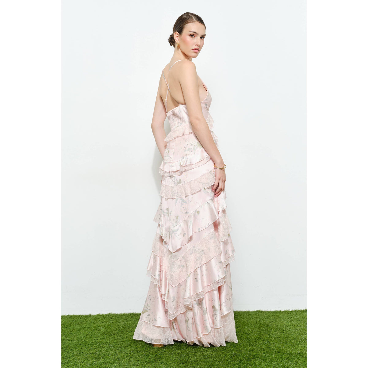 Romantic Floral Silk Lace Trim Tiered Maxi Dress