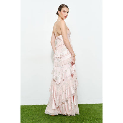 Romantic Floral Silk Lace Trim Tiered Maxi Dress