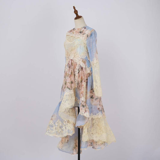 Floral Printed Long Lace Patchwork Dress - Soleil et étoiles