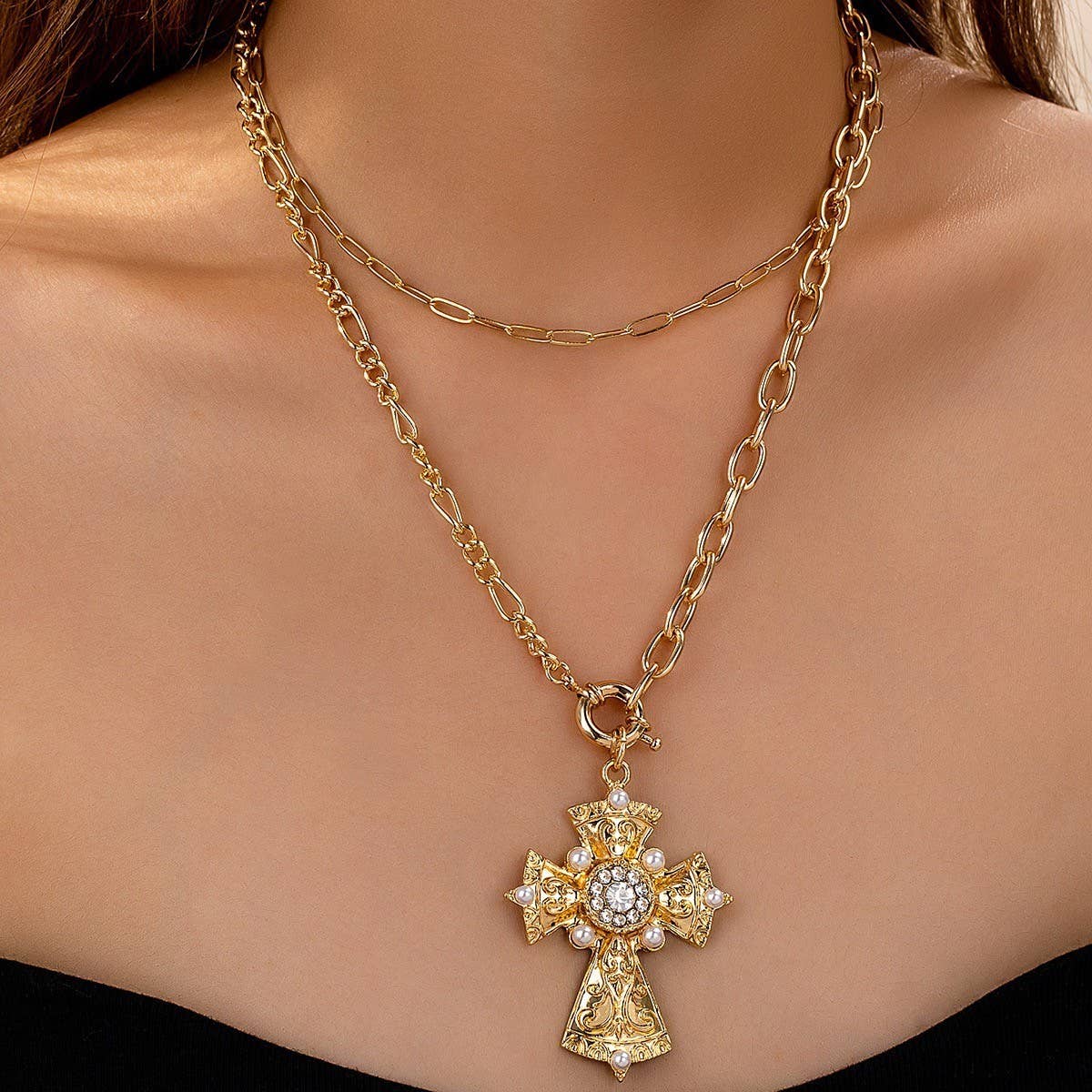 MULTI LAYERED CROSS STATEMENT NECKLACE | 80N92465 - Soleil et étoiles