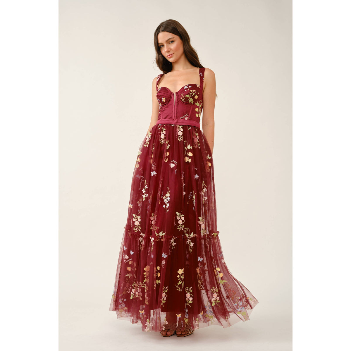 Floral Embroidered Tulle Corset Tiered Maxi Dress